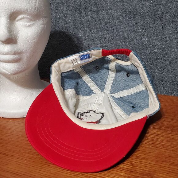 VTG Winnie The Pooh Denim Hat Adult Red Bill Disney POOH Spell Out Y2K 90s Cap - Picture 3 of 10